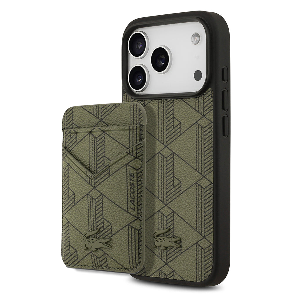 iPhone 17 Pro Kılıf Lacoste Orjinal Lisanslı M-safe Şarj Özellikli PU Deri Tasarımlı Kartlıklı Karışık Monogram Desenli Kılıf