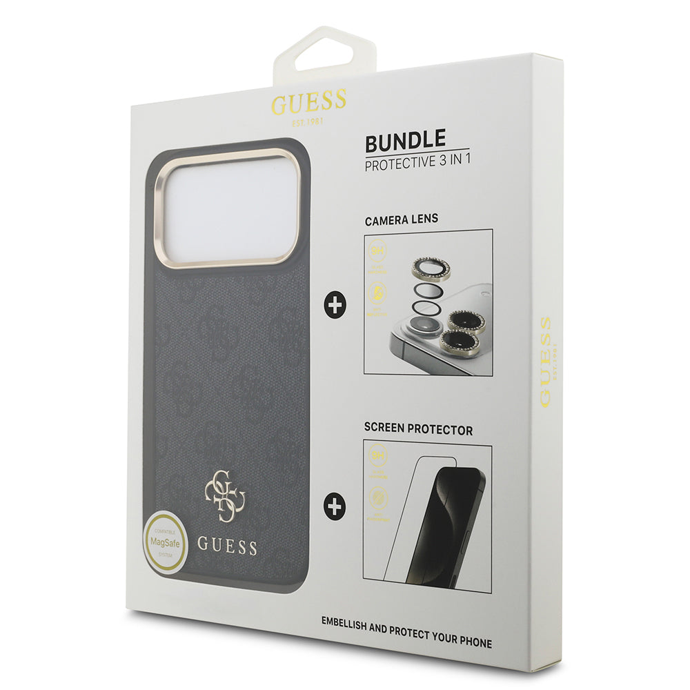 iPhone 17 Pro Max Guess Orjinal Lisanslı 4G ve Yazı Logolu Kılıf + Ekran Koruyucu + Lens Koruyucu 3in1 Aksesuar Seti