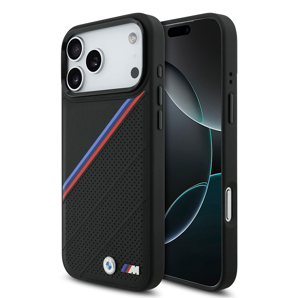 iPhone 17 Pro Max Kılıf BMW Orjinal Lisanslı M-safe Şarj Özellikli M Logolu Üç Şeritli Delikli Deri Kılıf