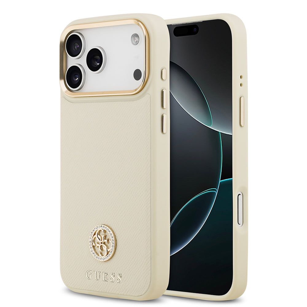 iPhone 17 Pro Max Kılıf Guess Orjinal Lisanslı M-safe Şarj Özellikli Grained Yazı ve Taşlı 4G Logolu Kılıf