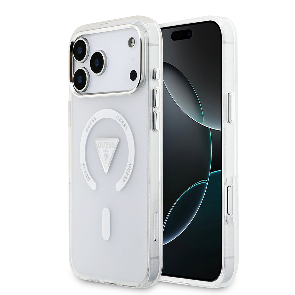 iPhone 17 Pro Max Kılıf Guess Orjinal Lisanslı M-safe Şarj Özellikli IML Baskılı Üçgen Logolu Metal Kamera Çerçeveli Kılıf