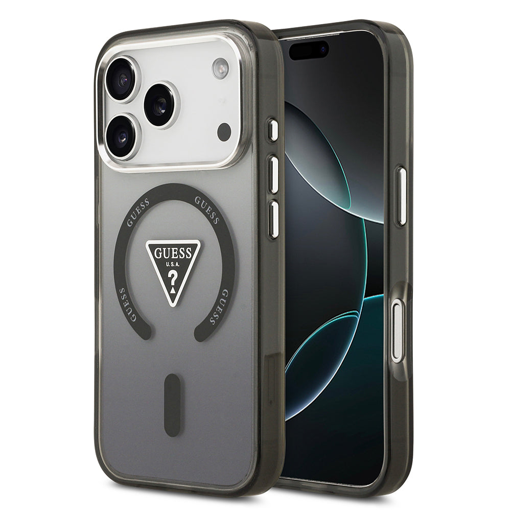 iPhone 17 Pro Max Kılıf Guess Orjinal Lisanslı M-safe Şarj Özellikli IML Baskılı Üçgen Logolu Metal Kamera Çerçeveli Kılıf