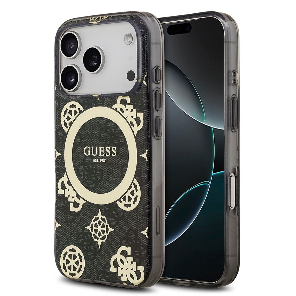 iPhone 17 Pro Max Kılıf Guess Orjinal Lisanslı M-safe Şarj Özellikli IML Peony ve 4G Desenli Klasik Logolu Kılıf