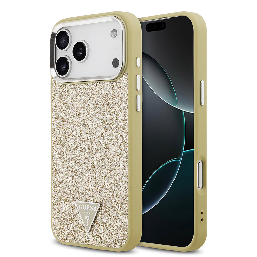 iPhone 17 Pro Max Kılıf Guess Orjinal Lisanslı M-safe Şarj Özellikli Metal Kamera Çerçeveli Üçgen Logolu Glitter Kılıf