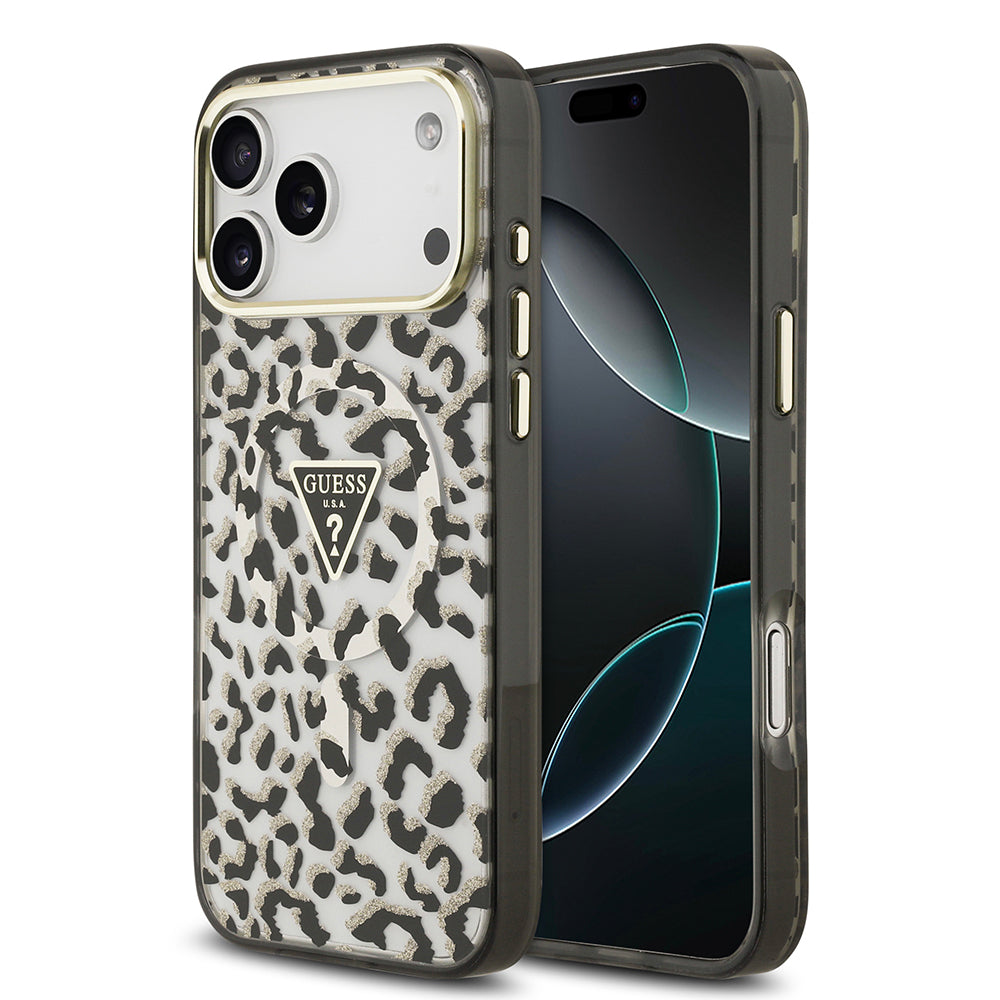 iPhone 17 Pro Max Kılıf Guess Orjinal Lisanslı M-safe Şarj Özellikli Üçgen Logolu Simli Leopar Desenli Kılıf