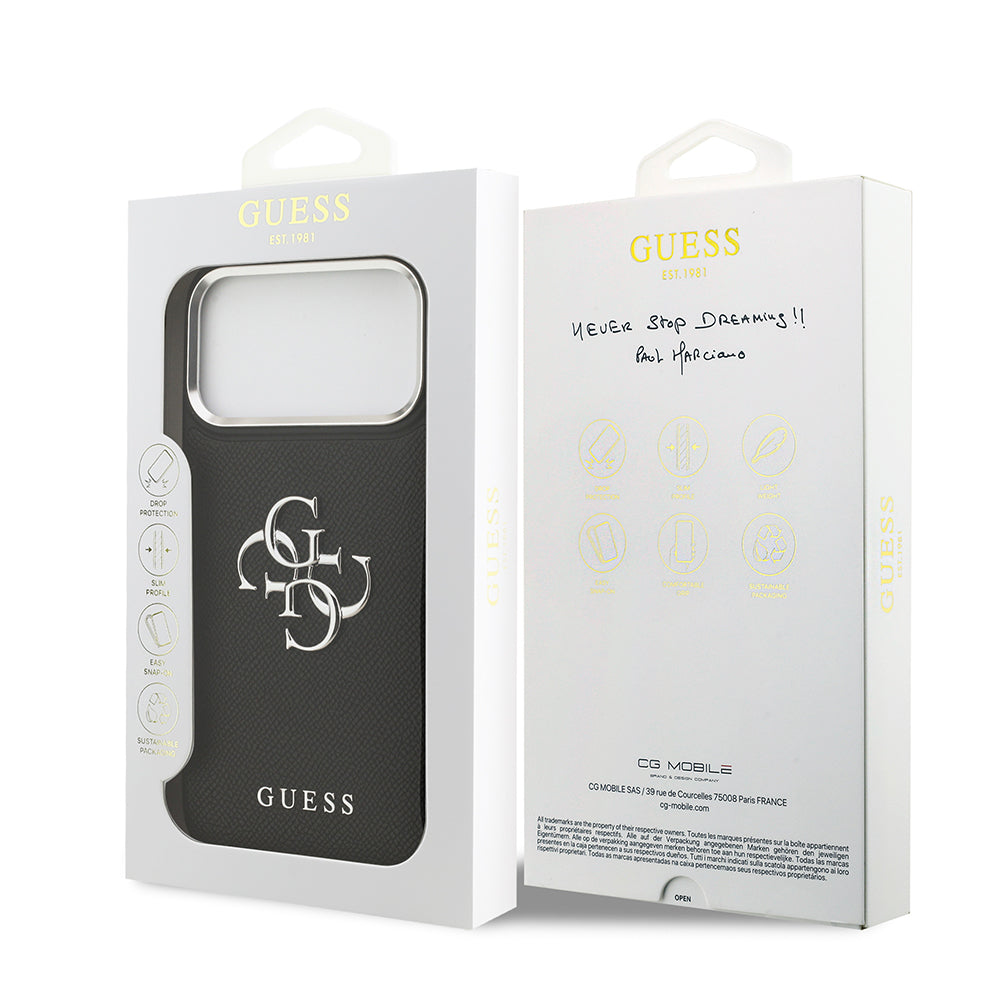 iPhone 17 Pro Max Kılıf Guess Orjinal Lisanslı Metal Kamera Çerçeveli Metal Büyük 4G ve Yazı Logolu PU Deri Kılıf