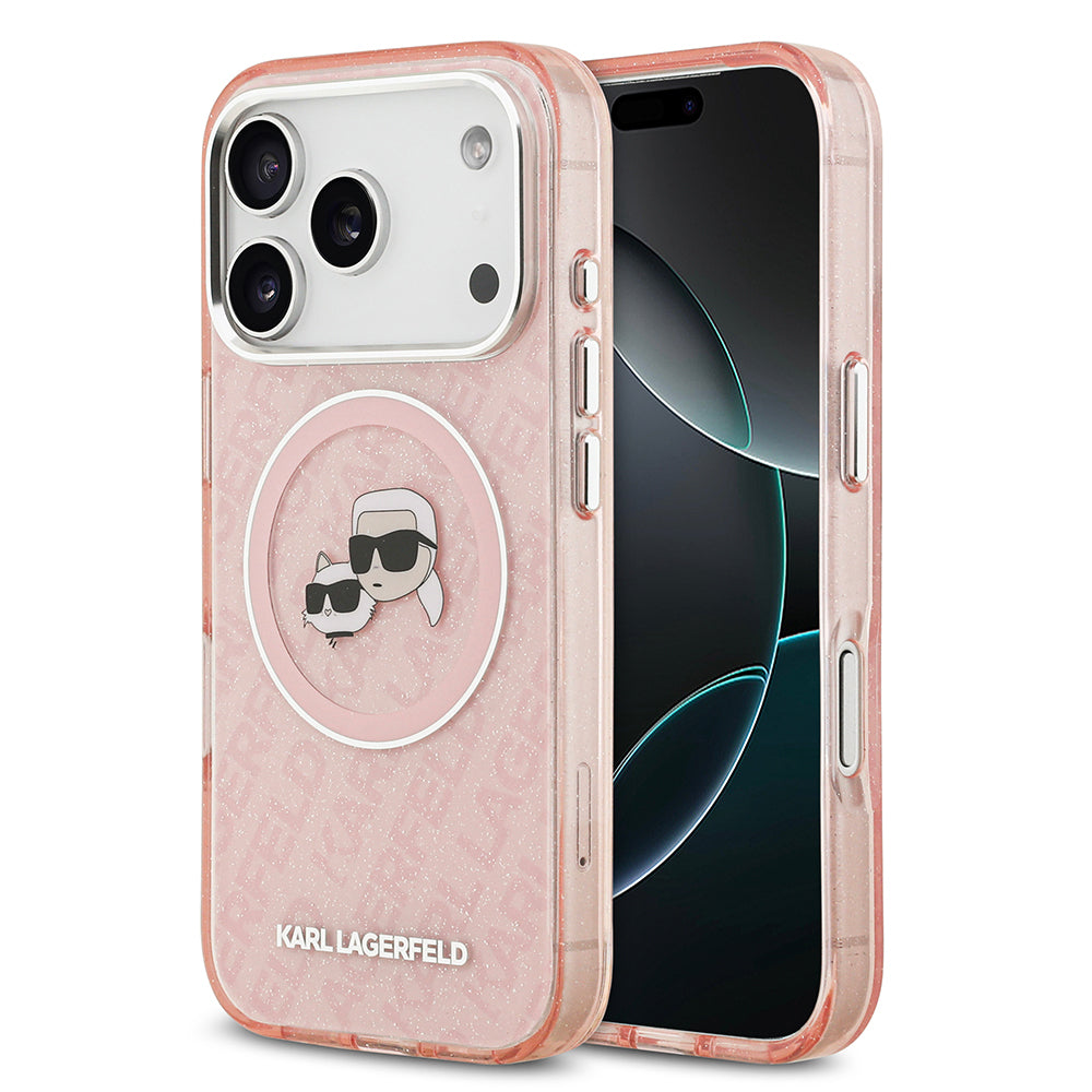 iPhone 17 Pro Max Kılıf Karl Lagerfeld Orjinal Lisanslı Parlayan Simli Karl & Choupette Heads Kılıf