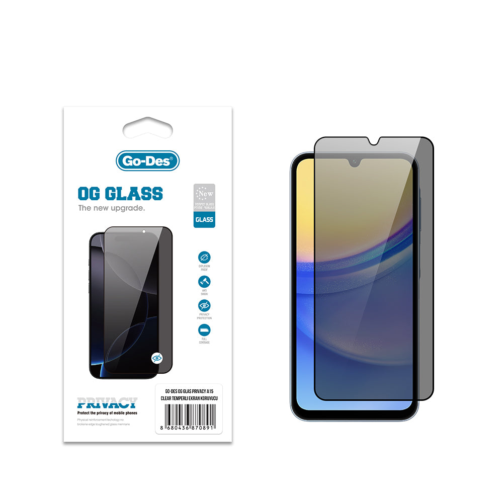 Galaxy A15 Go Des OG Glass Privacy Antistatik Temperli Cam Ekran Koruyucu