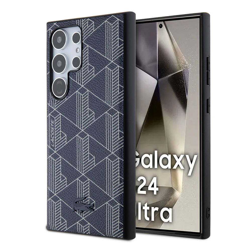 Galaxy S24 Ultra Kılıf Lacoste Orjinal Lisanslı M-safe Şarj Özellikli PU Deri Görünümlü Karışık Monogram Desenli Kılıf