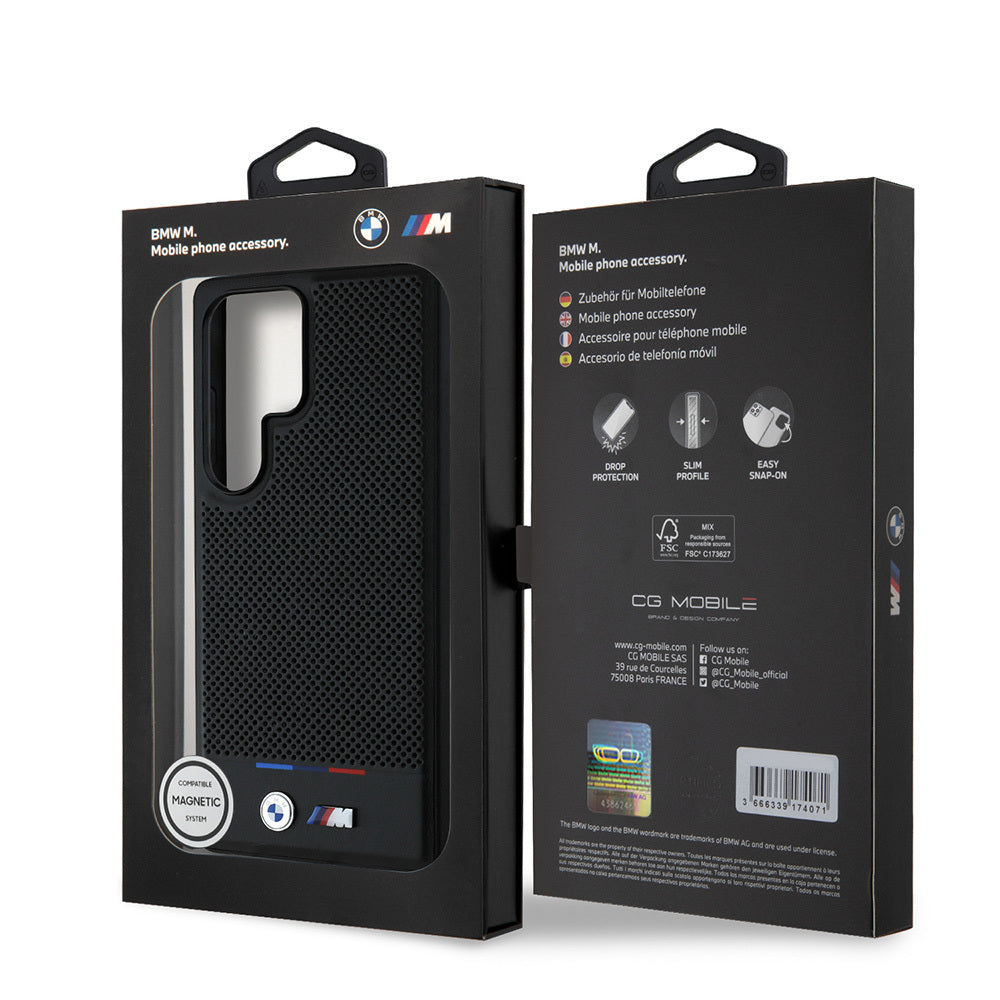 Galaxy S25 Ultra Kılıf BMW Orjinal Lisanslı M-safe Şarj Özellikli M Logolu Bottom Üç Çizgili Delikli PU Deri Kılıf