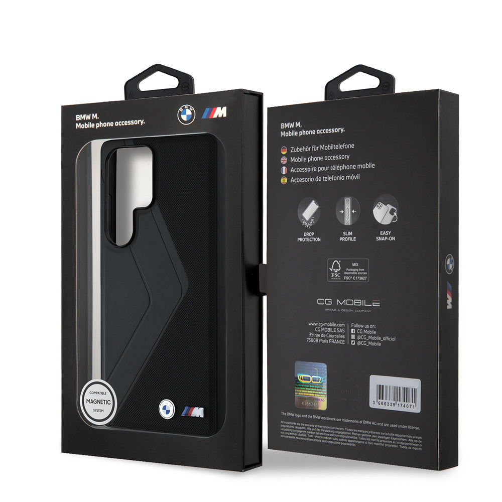 Galaxy S25 Ultra Kılıf BMW Orjinal Lisanslı M-safe Şarj Özellikli M Logolu Oversize Çizgili PU Deri Kılıf