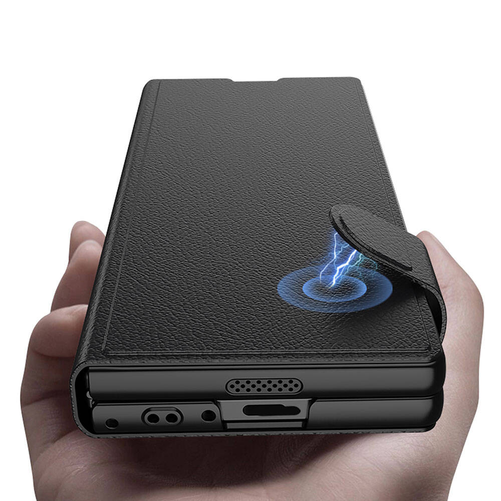 Galaxy Z Fold 6 Kılıf Suni Deri Tasarımlı Magnetik Tokalı ve Kartlıklı Zore Kıpta Zegna Kılıf