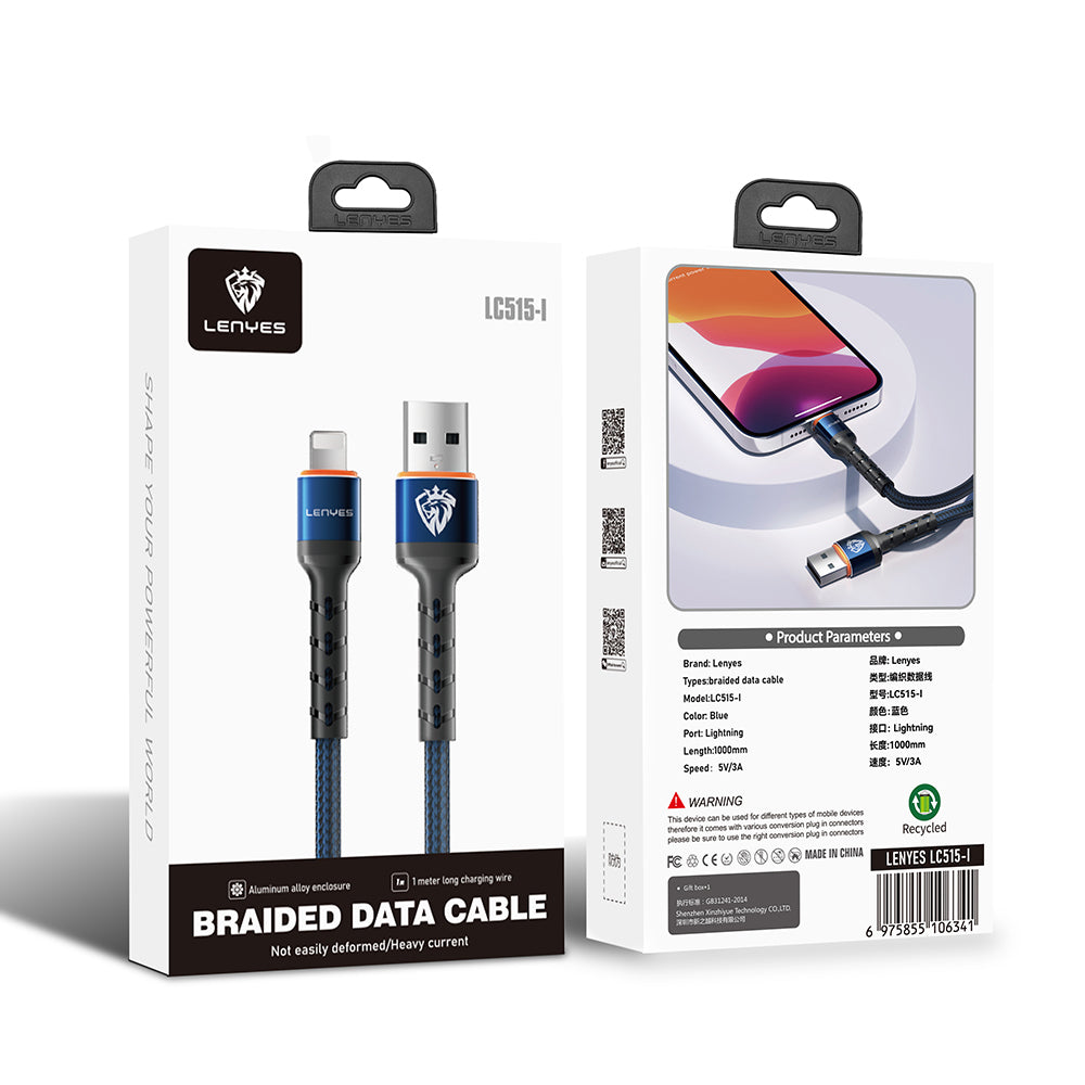 Lenyes LC515 USB-A to Lightning Hızlı Şarj Özellikli Örgülü Data ve Şarj Kablosu 3A 1M