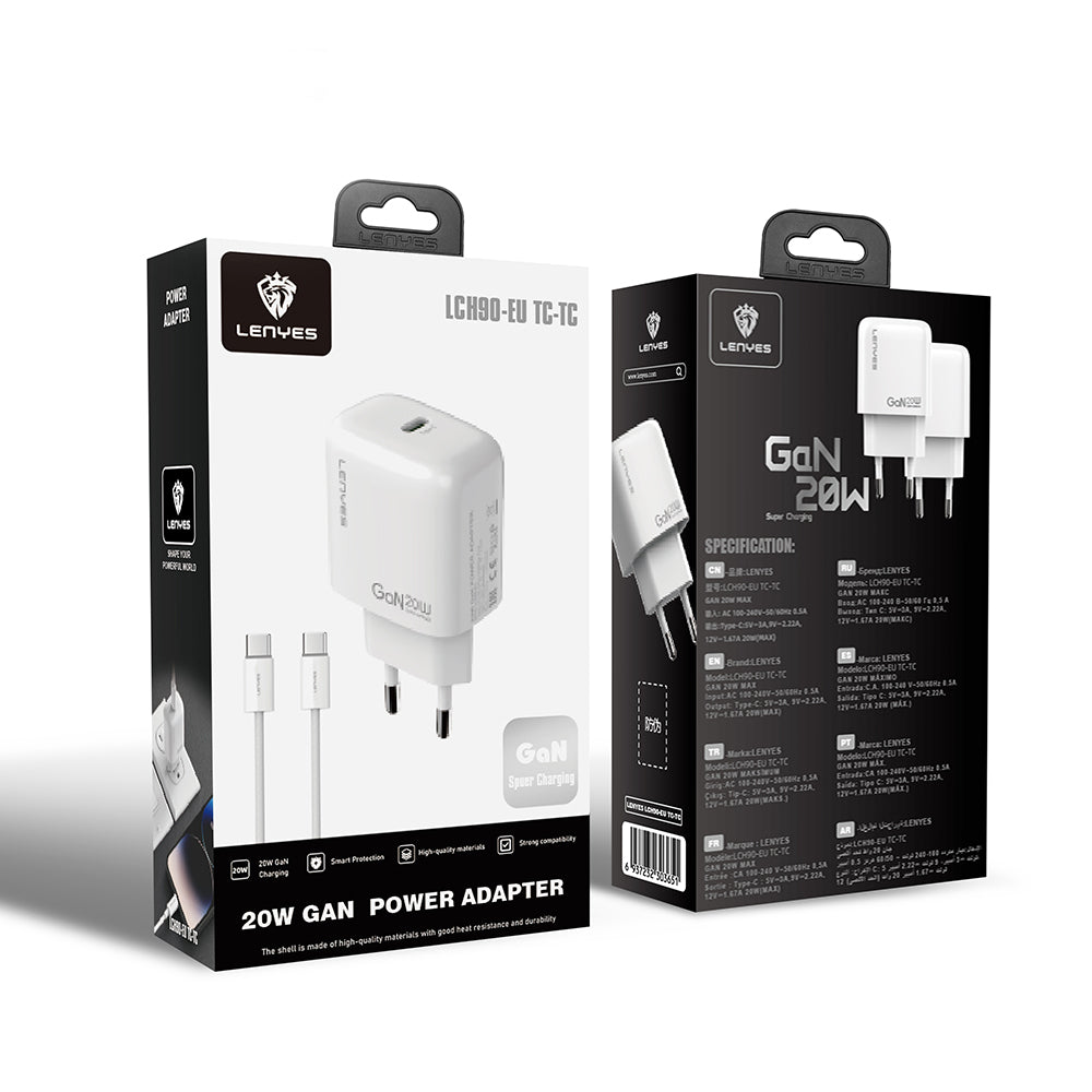 Lenyes LCH90-TC-TC Type-C to Type-C GaN Teknolojili PD Hızlı Şarj Özellikli Şarj Seti 20W