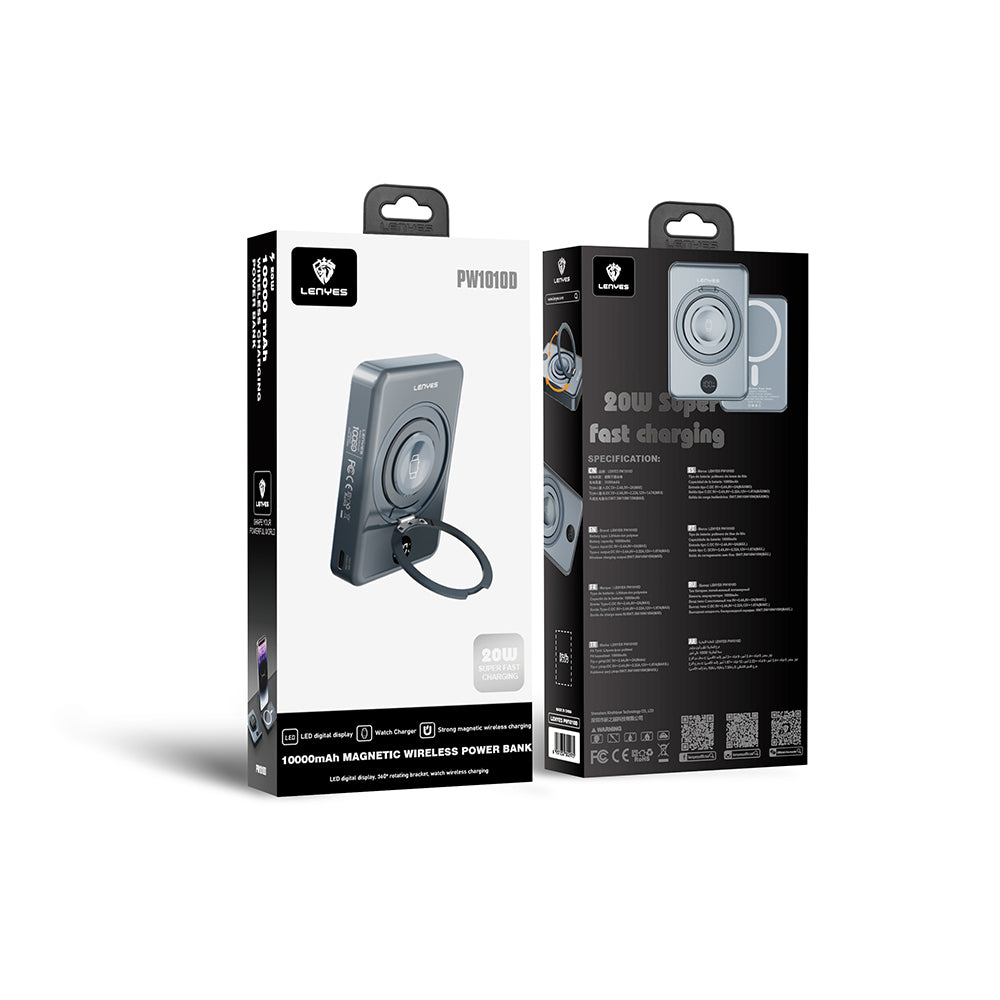 Lenyes PW1010D PD 20W Dijital LED Göstergeli Akıllı Saat Kablosuz Şarj Özellikli Standlı Wireless Powerbank 15W 10000mAh