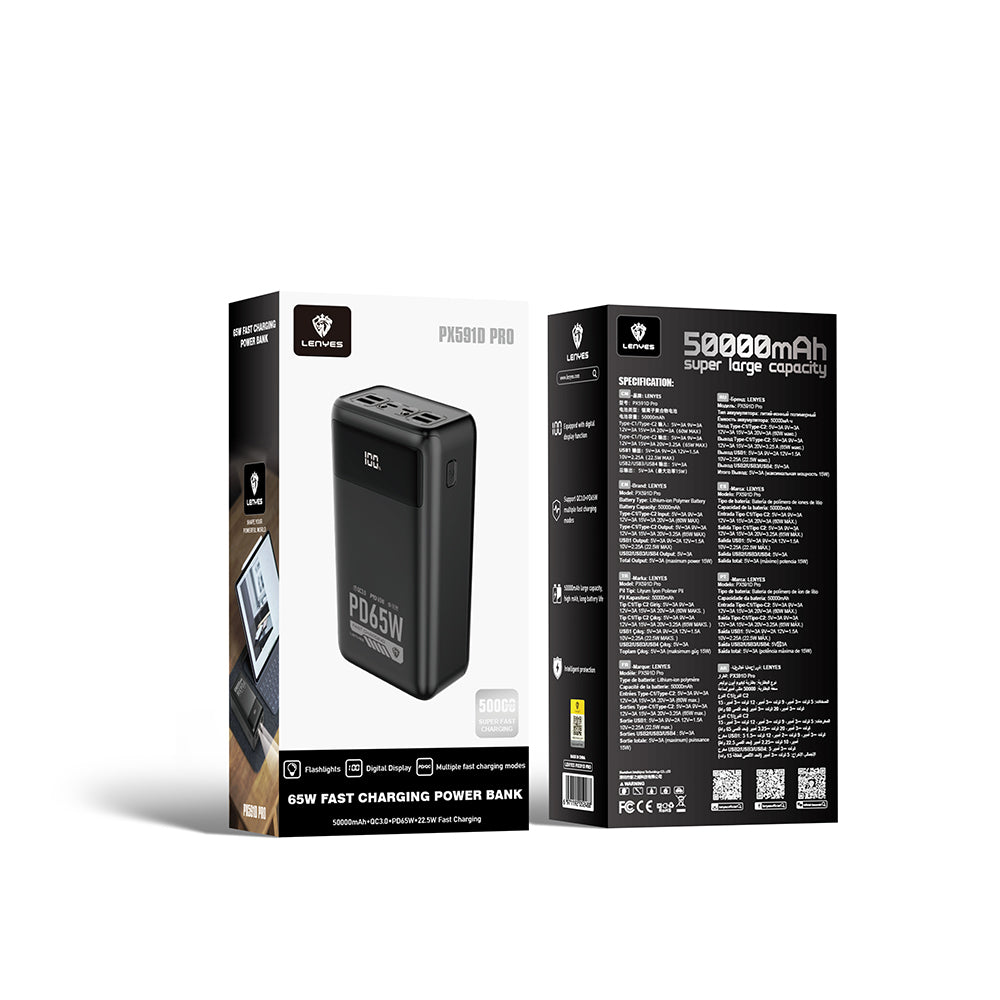 Lenyes PX591D Pro Hızlı Şarj Özellikli Dijital LED Göstergeli Taşınabilir Powerbank 65W 50000mAh