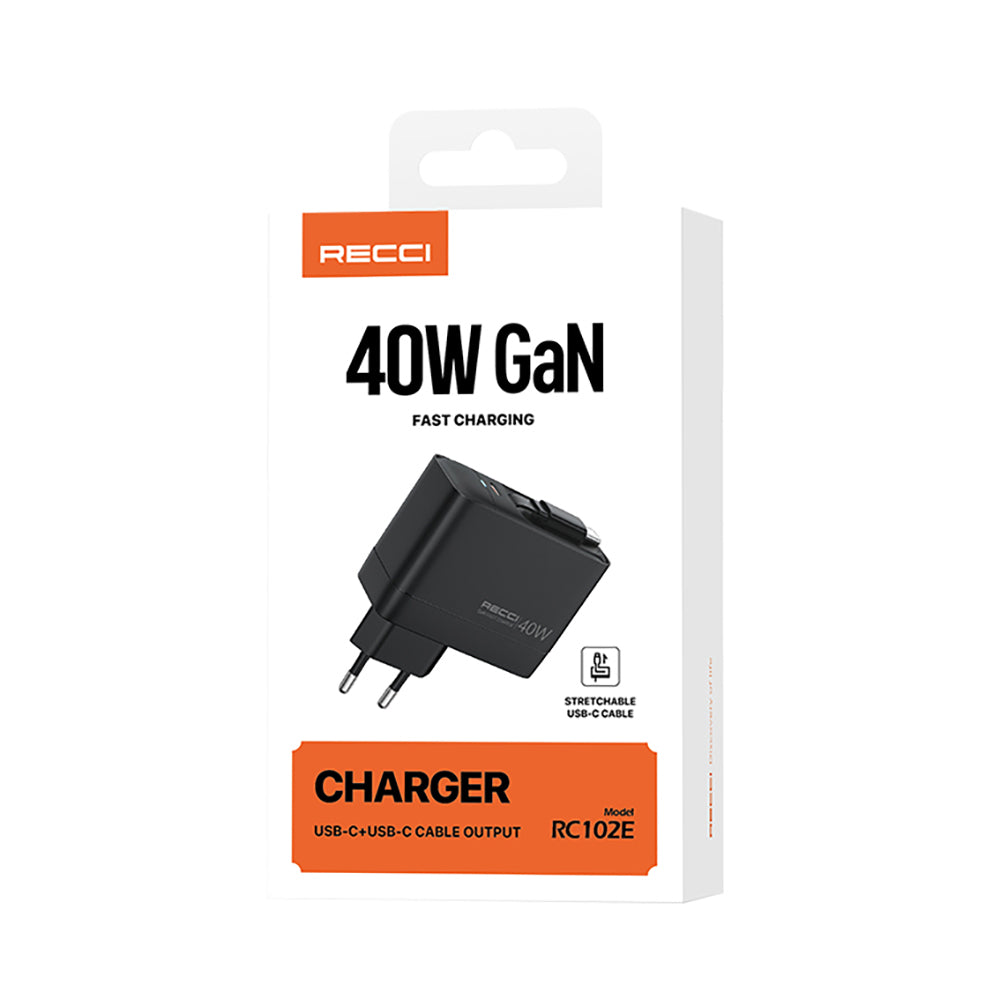 Recci RC102E GaN Teknolojili Hızlı Şarj Başlığı USB-A to Type-C PD 40W Type-C Kablolu Şarj Seti