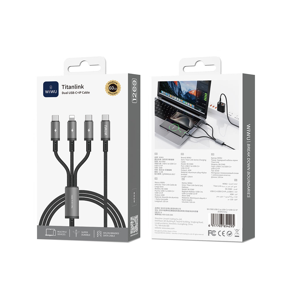 Wiwu Wi-C060 Titanlink Serisi 3in1 Type-C to Lightning – 2xType-C Örgülü Şarj ve Data PD Kablo 60W 1.2m