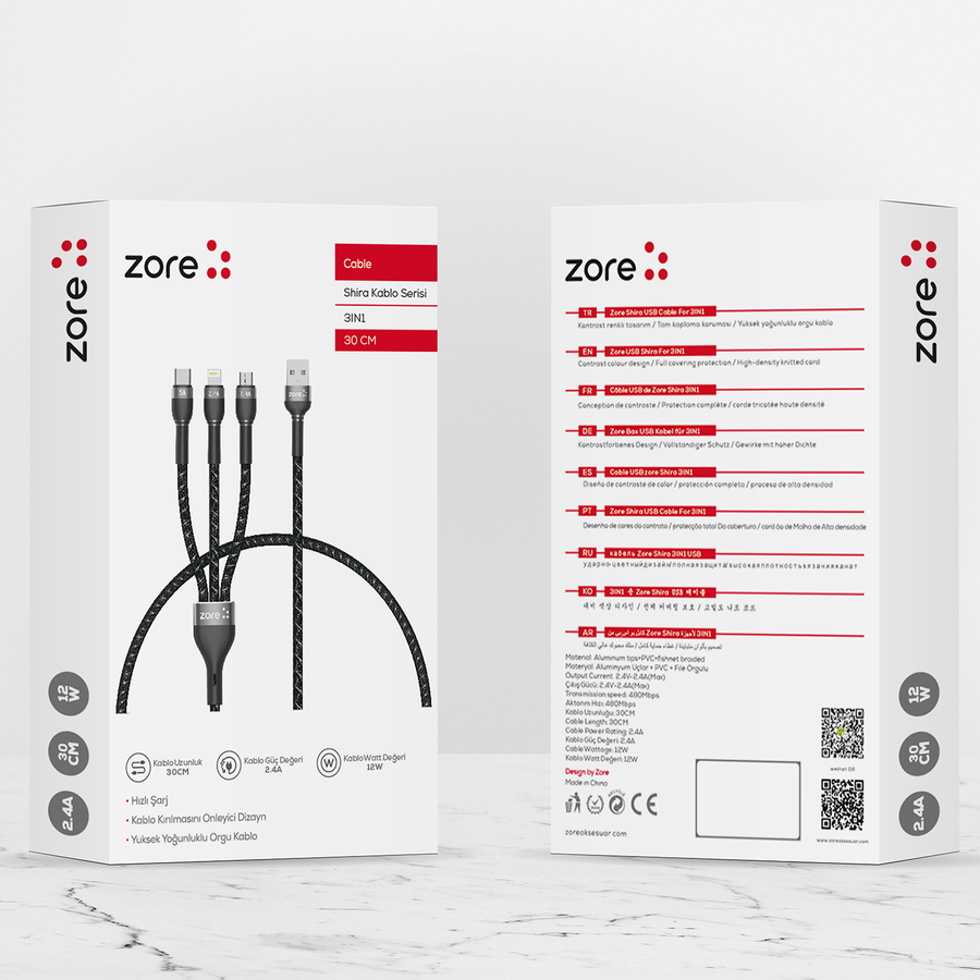 Zore Shira Serisi 3in1 USB Kablo 30cm