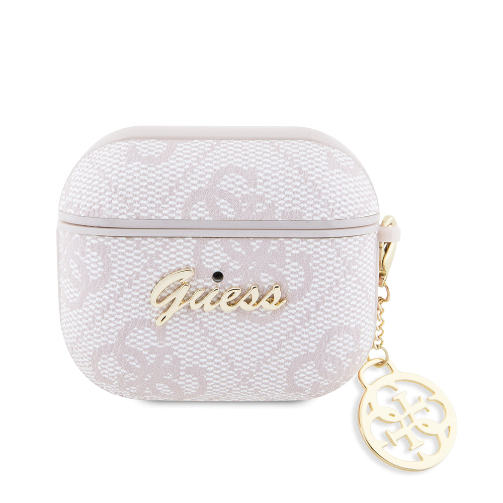 Airpods 3.Nesil Kılıf Guess Orjinal Lisanslı 4G Desenli Metal Script Logolu 4G Charm PU Deri Kılıf
