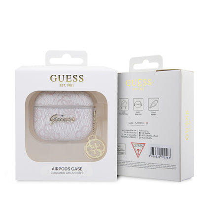 Airpods 3.Nesil Kılıf Guess Orjinal Lisanslı 4G Desenli Metal Script Logolu 4G Charm PU Deri Kılıf