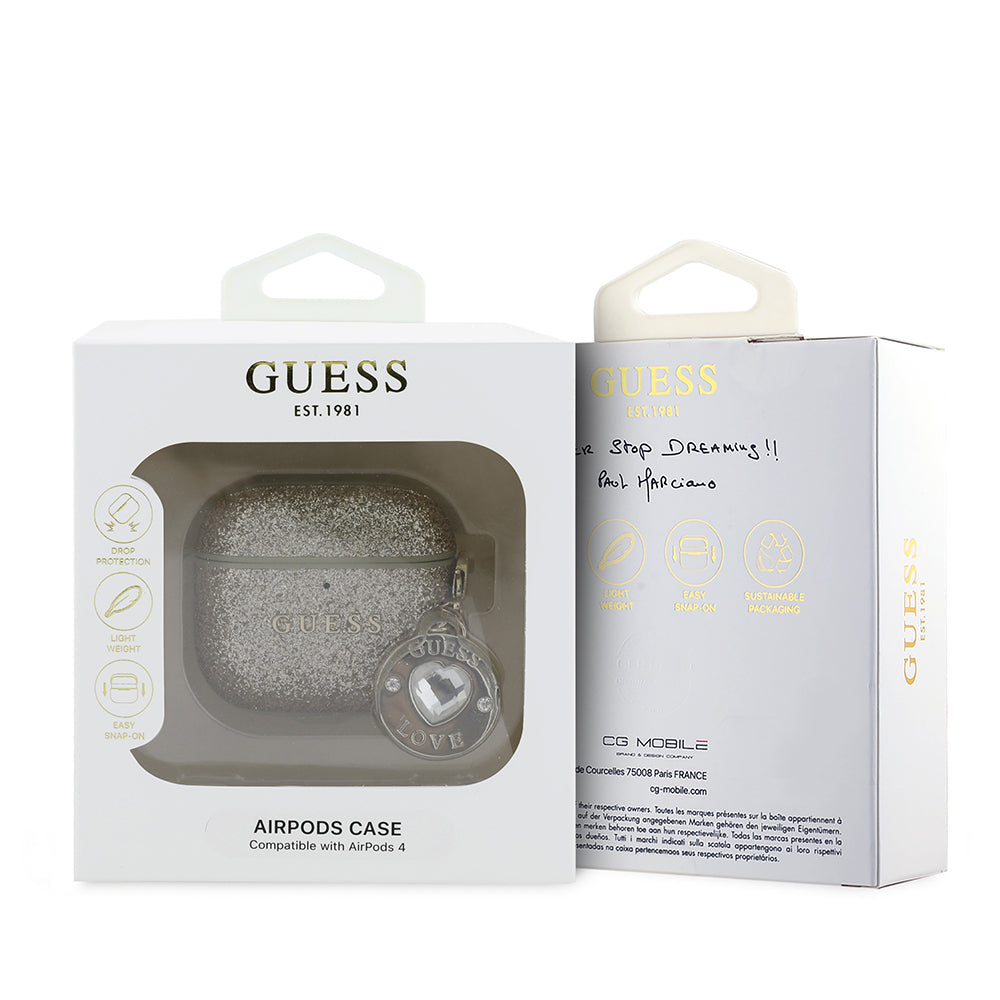 Airpods 4 Kılıf Guess Orjinal Lisanslı Glitter Elmas Kalp Süs Zincirli Kılıf