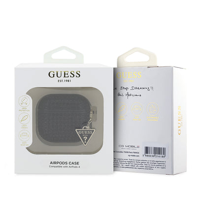 Apple Airpods 4 Kılıf Guess Orjinal Lisanslı Parıltılı Taş Kaplamalı Üçgen Logo Süs Zincirli Kapak Siyah