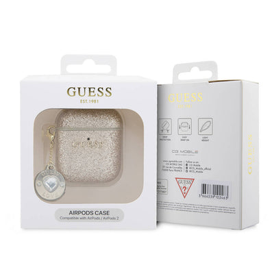 Apple Airpods Kılıf Guess Orjinal Lisanslı Glitter Elmas Kalp Süs Zincirli Kapak Gold