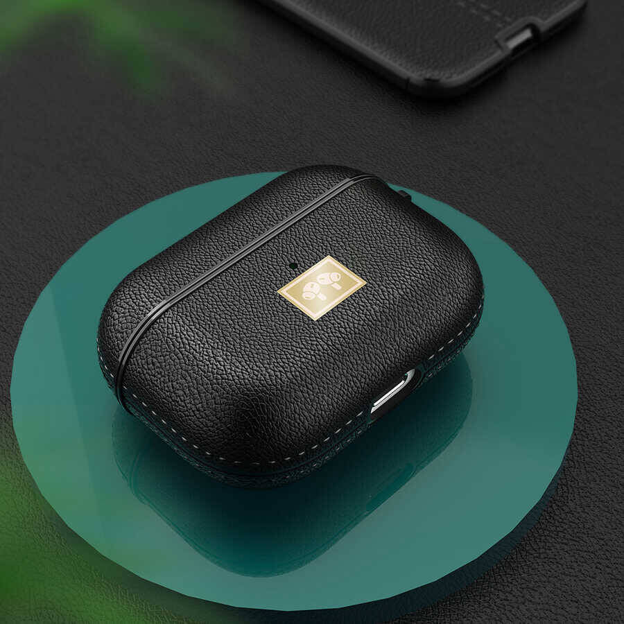 Apple Airpods Pro 2 Kılıf Deri Görünümlü Askı Aparatlı Wlons Kılıf Siyah