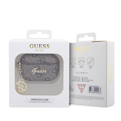Airpods Pro 2 Kılıf Guess Orjinal Lisanslı 4G Desenli Metal Script Logolu 4G Charm PU Deri Kılıf