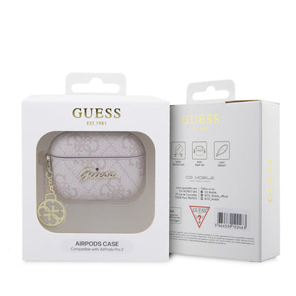 Airpods Pro 2 Kılıf Guess Orjinal Lisanslı 4G Desenli Metal Script Logolu 4G Charm PU Deri Kılıf