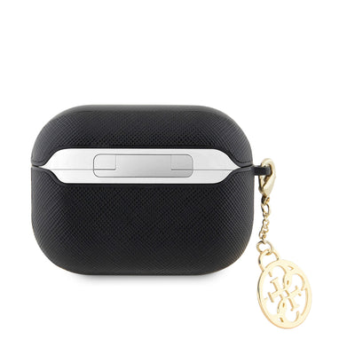 Apple Airpods Pro 2 Kılıf Guess Orjinal Lisanslı Dokulu 4G Yuvarlak Süs Zincirli Saffiano Kılıf Siyah