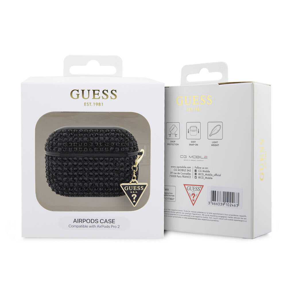 Airpods Pro 2 Kılıf Guess Orjinal Lisanslı Parıltılı Taş Kaplamalı Üçgen Logo Süs Zincirli Kılıf