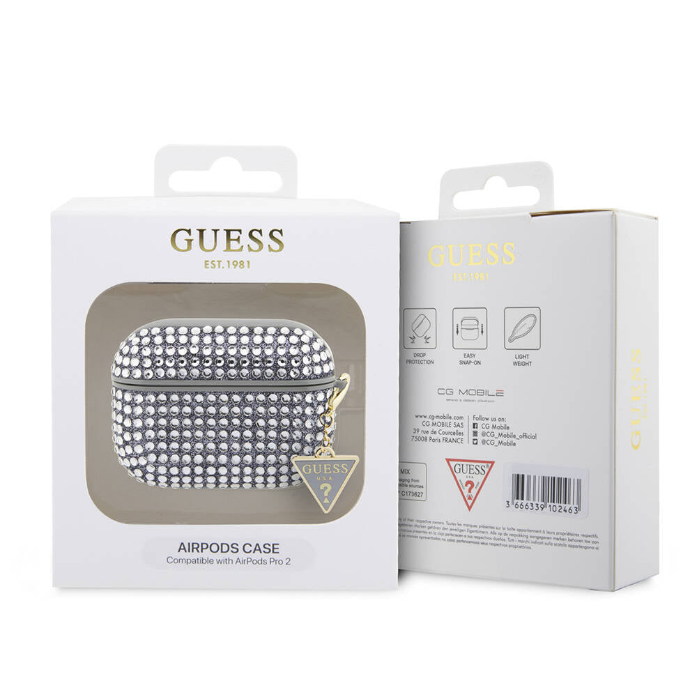 Airpods Pro 2 Kılıf Guess Orjinal Lisanslı Parıltılı Taş Kaplamalı Üçgen Logo Süs Zincirli Kılıf