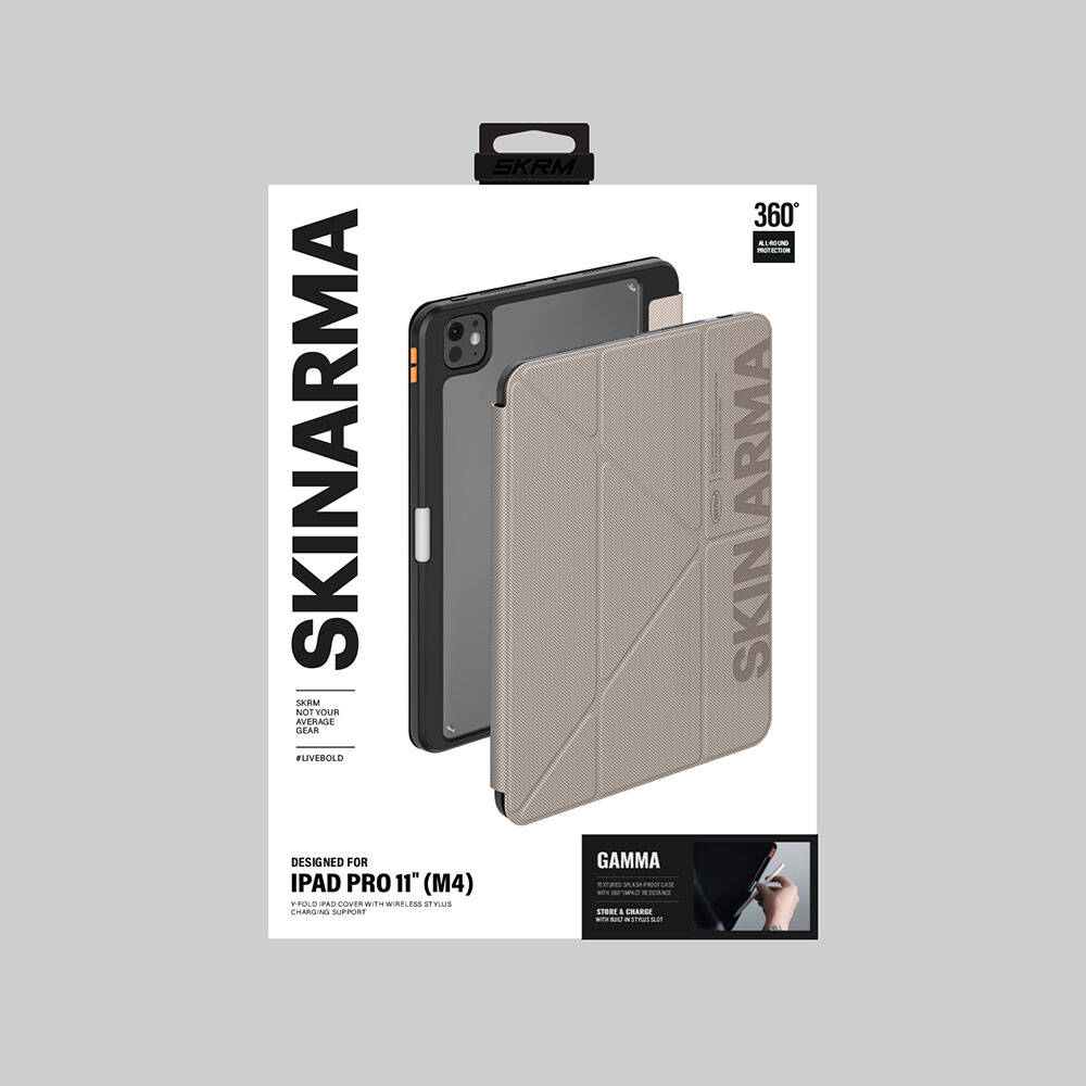 Apple iPad Pro 11 2024 Kılıf SkinArma Kabartma Baskı Tasarımlı 360 Tam Koruma Arkası Şeffaf Standlı Gamma Kılıf Siyah