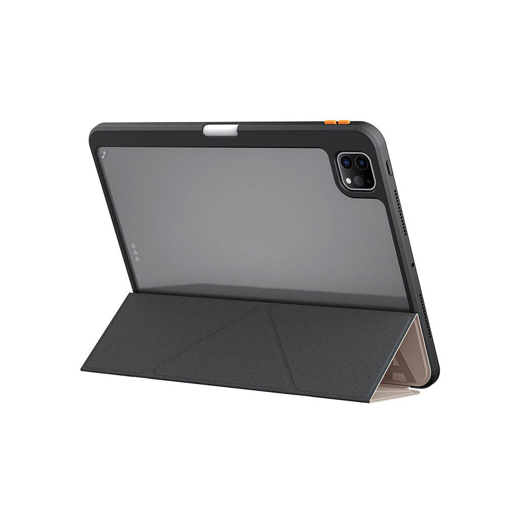 Apple iPad Pro 11 2024 Kılıf SkinArma Kabartma Baskı Tasarımlı 360 Tam Koruma Arkası Şeffaf Standlı Gamma Kılıf Gold