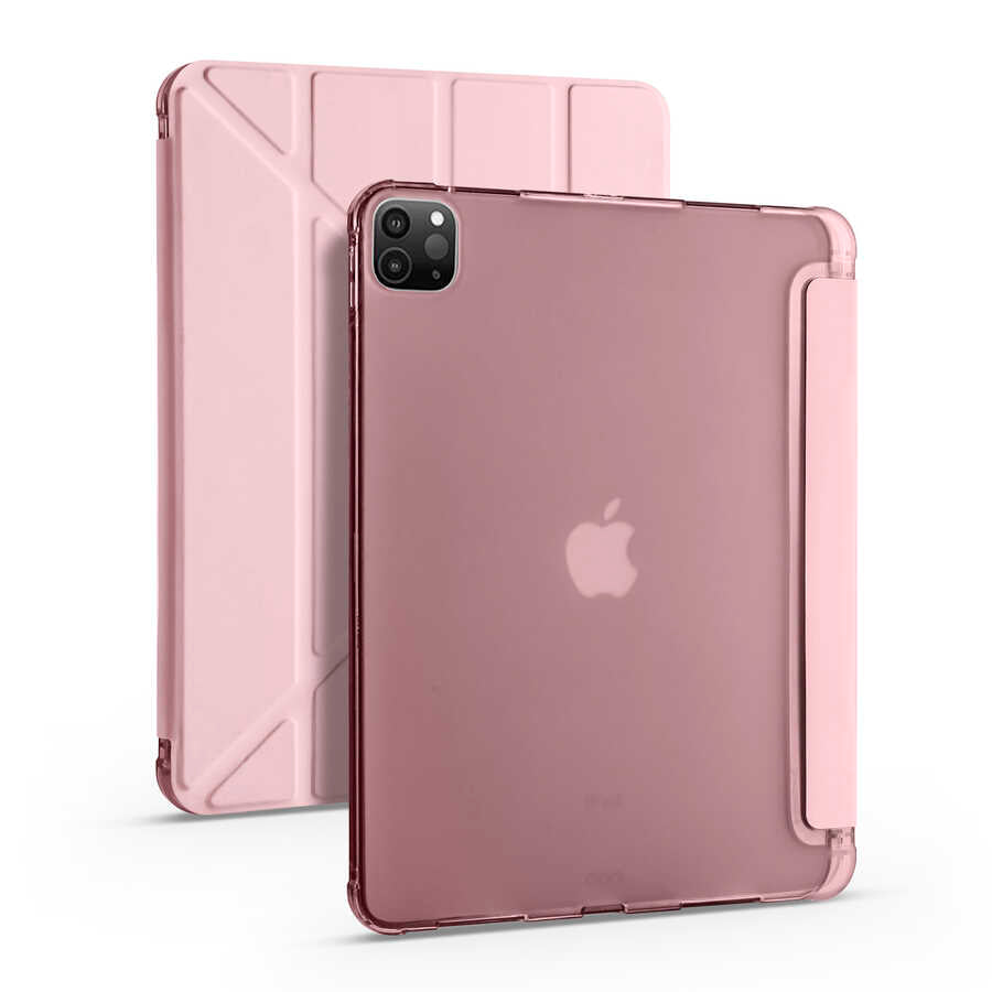 Apple iPad Pro 12.9 2022 M2 Kılıf Zore Tri Folding Kalem Bölmeli Standlı Kılıf Rose Gold