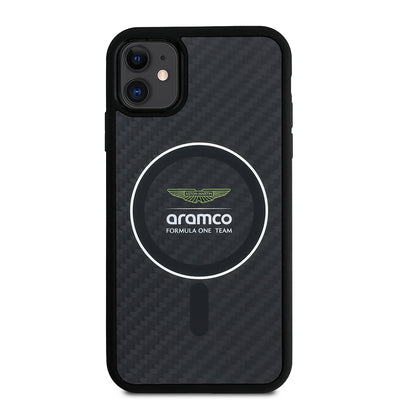 Apple iPhone 11 Kılıf Aston Martin Orjinal Lisanslı M-safe Şarj Özellikli Renkli Halka ve Karbon Fiber Tasarımlı Kapak Siyah-Gümüş