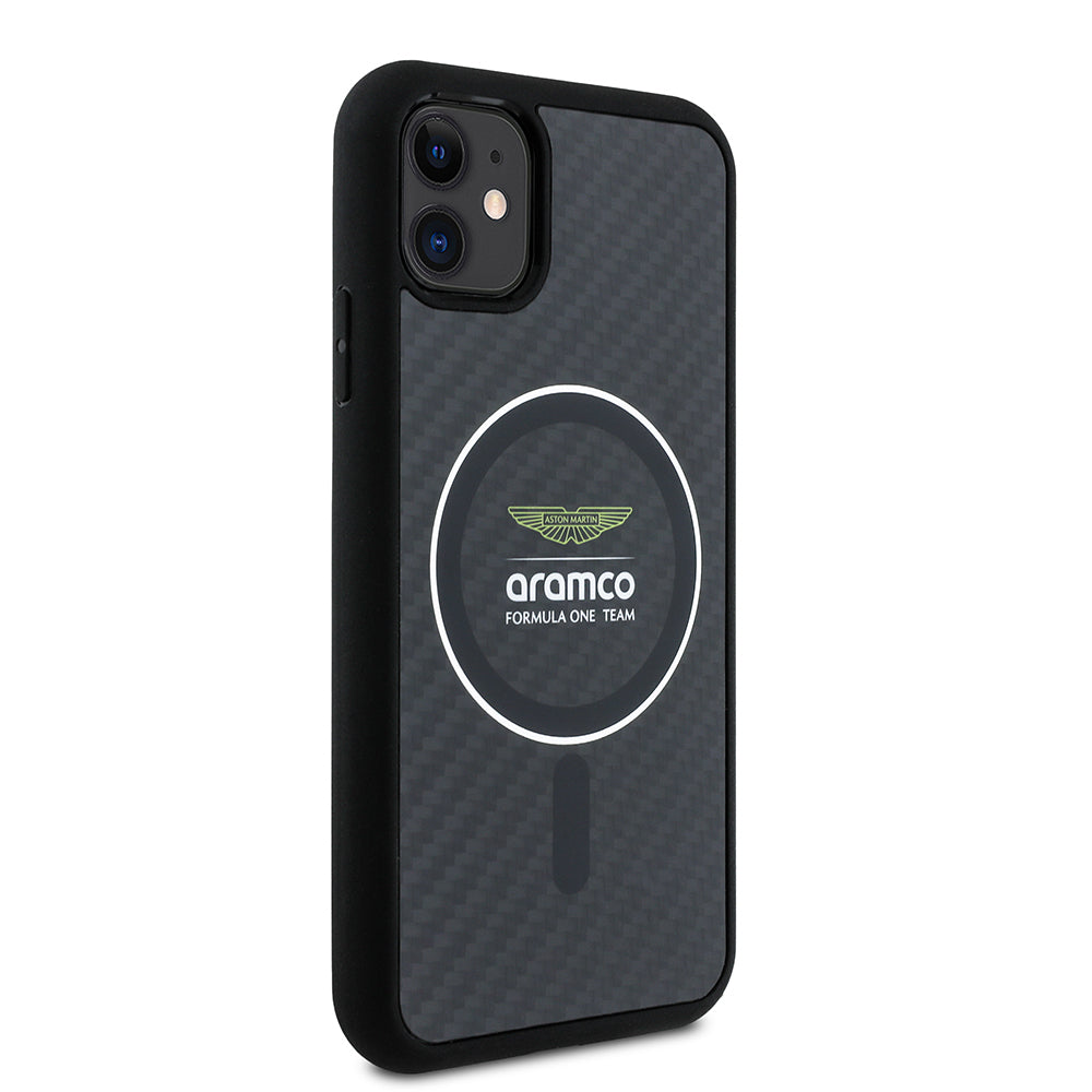 Apple iPhone 11 Kılıf Aston Martin Orjinal Lisanslı M-safe Şarj Özellikli Renkli Halka ve Karbon Fiber Tasarımlı Kapak Siyah-Gümüş