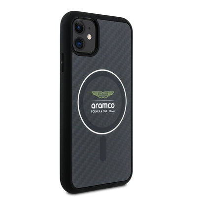 Apple iPhone 11 Kılıf Aston Martin Orjinal Lisanslı M-safe Şarj Özellikli Renkli Halka ve Karbon Fiber Tasarımlı Kapak Siyah-Gümüş