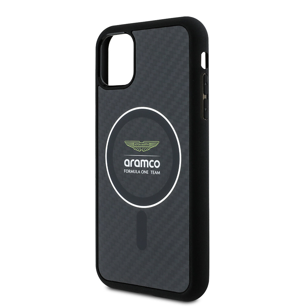 Apple iPhone 11 Kılıf Aston Martin Orjinal Lisanslı M-safe Şarj Özellikli Renkli Halka ve Karbon Fiber Tasarımlı Kapak Siyah-Gümüş