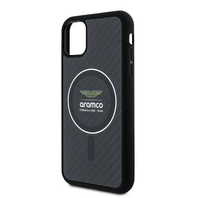 Apple iPhone 11 Kılıf Aston Martin Orjinal Lisanslı M-safe Şarj Özellikli Renkli Halka ve Karbon Fiber Tasarımlı Kapak Siyah-Gümüş