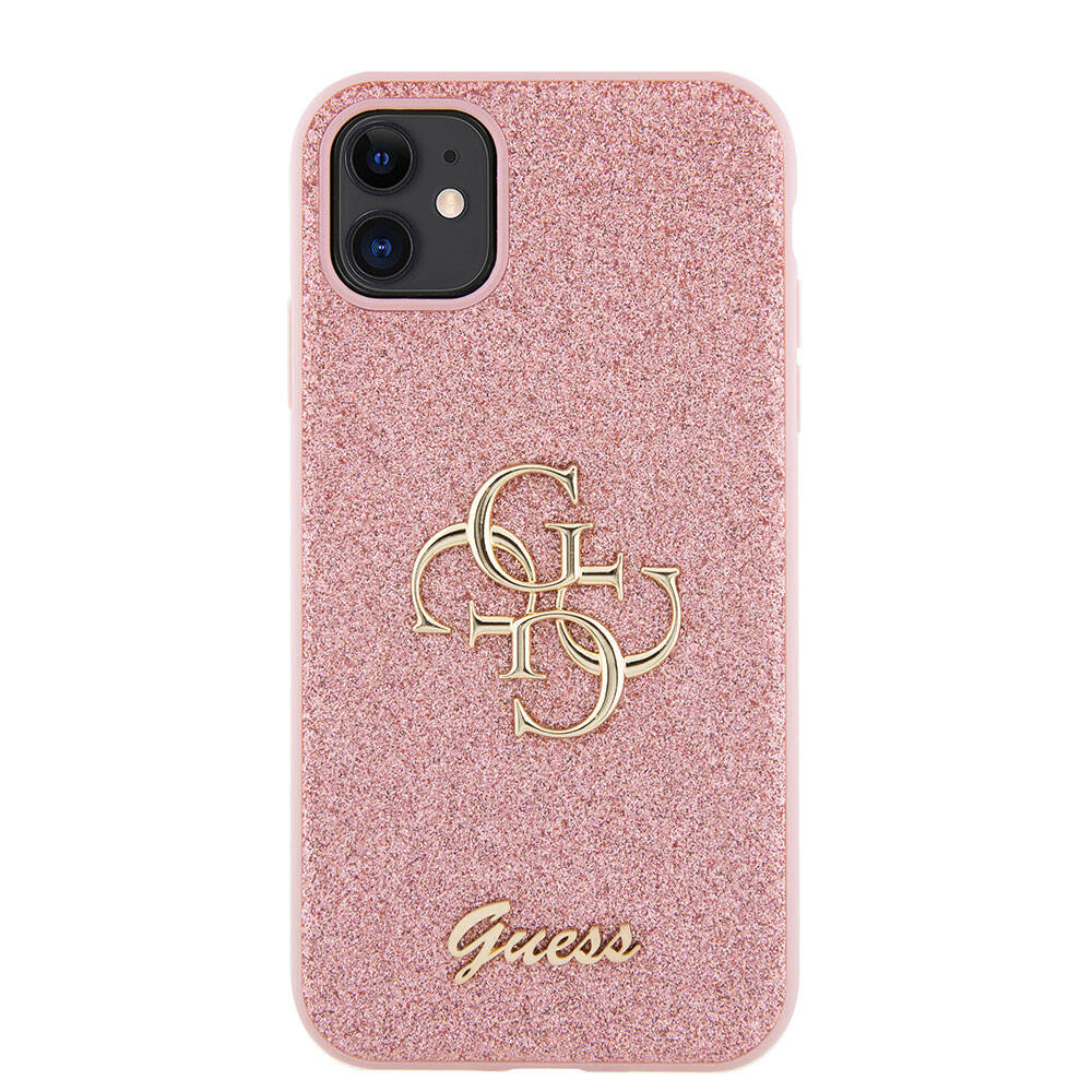 Apple iPhone 11 Kılıf Guess Orjinal Lisanslı 4G Büyük Metal Logolu Glitter Kapak Pembe