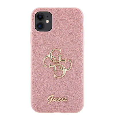 Apple iPhone 11 Kılıf Guess Orjinal Lisanslı 4G Büyük Metal Logolu Glitter Kapak Pembe