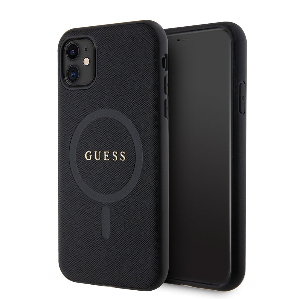 iPhone 11 Kılıf Guess Orjinal Lisanslı M-safe Şarj Özellikli Yazı Logolu Saffiano Classic Kılıf