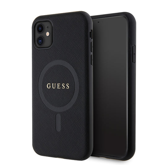 iPhone 11 Kılıf Guess Orjinal Lisanslı M-safe Şarj Özellikli Yazı Logolu Saffiano Classic Kılıf