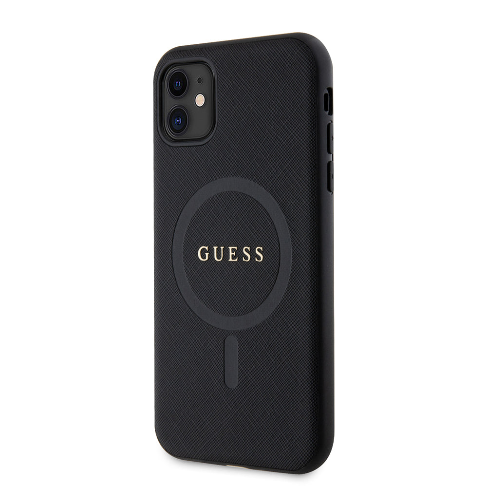 Apple iPhone 11 Kılıf Guess Orjinal Lisanslı Magsafe Şarj Özellikli Yazı Logolu Saffiano Classic Kapak Siyah