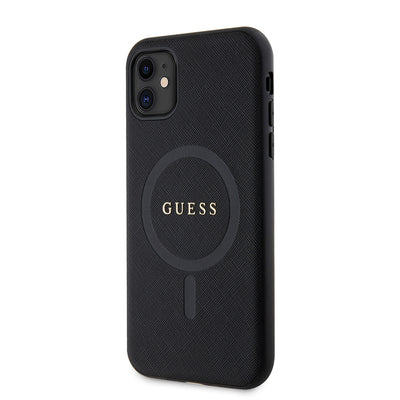 Apple iPhone 11 Kılıf Guess Orjinal Lisanslı Magsafe Şarj Özellikli Yazı Logolu Saffiano Classic Kapak Siyah