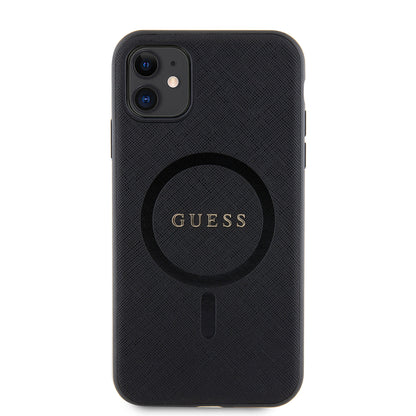 iPhone 11 Kılıf Guess Orjinal Lisanslı M-safe Şarj Özellikli Yazı Logolu Saffiano Classic Kılıf