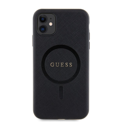 Apple iPhone 11 Kılıf Guess Orjinal Lisanslı Magsafe Şarj Özellikli Yazı Logolu Saffiano Classic Kapak Siyah